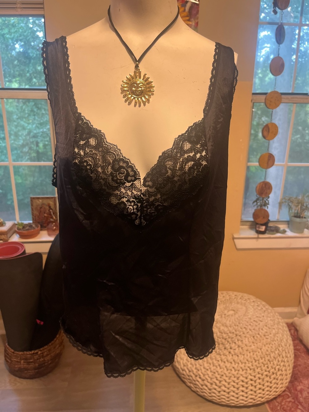 Black Lace-Trim Satin Camisole Chemise - Women's Intimates